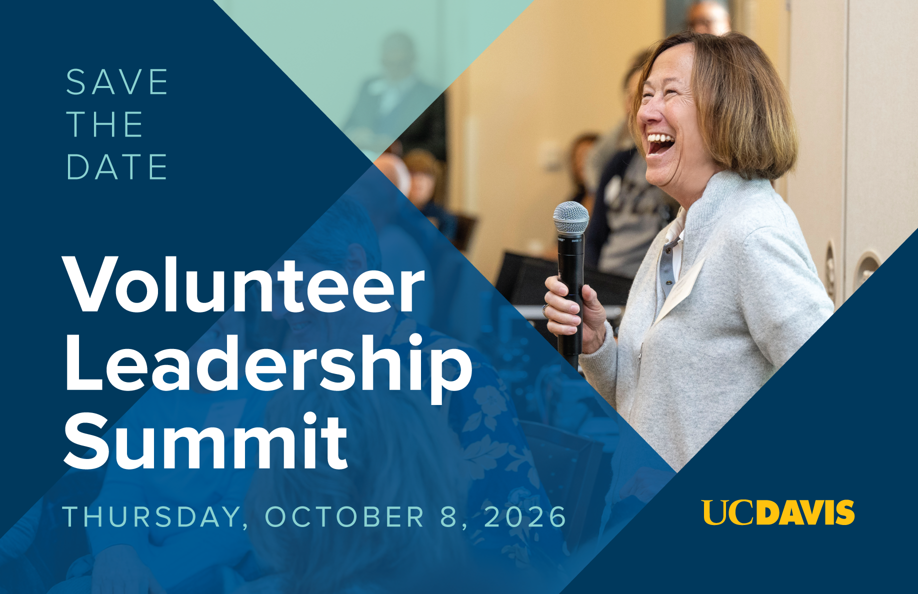 Smiling woman speaking at a conference, with event details and UC Davis logo.