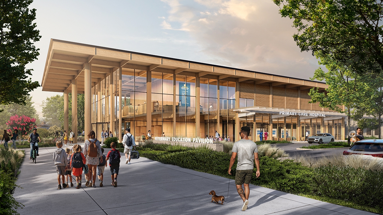 Rendering of the new UC Davis veterinary primary care hospital and the veterinary education pavilion with clients and their pet dogs and cats as well as families and students.