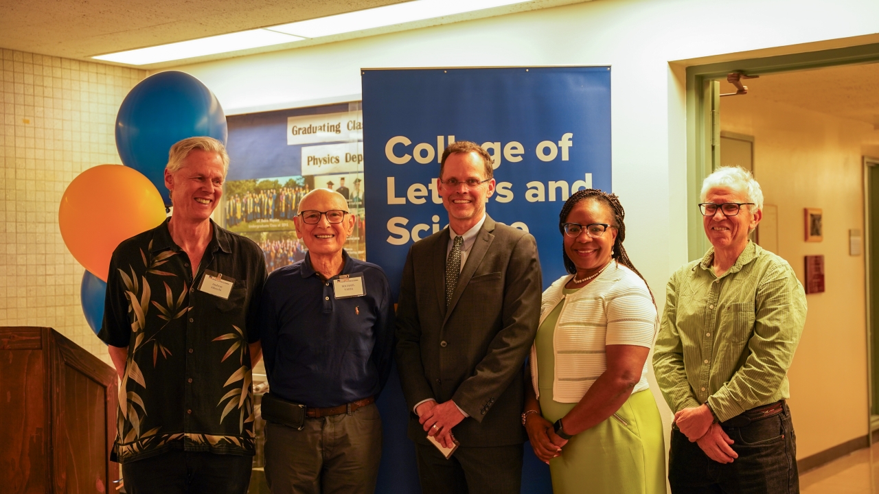 The donor, department faculty and L&S leadership attend a May 20, 2024, event to celebrate Professor Knox’s appointment to the endowed position. There is a popup banner that says &#34;College of Letters and Science&#34;.